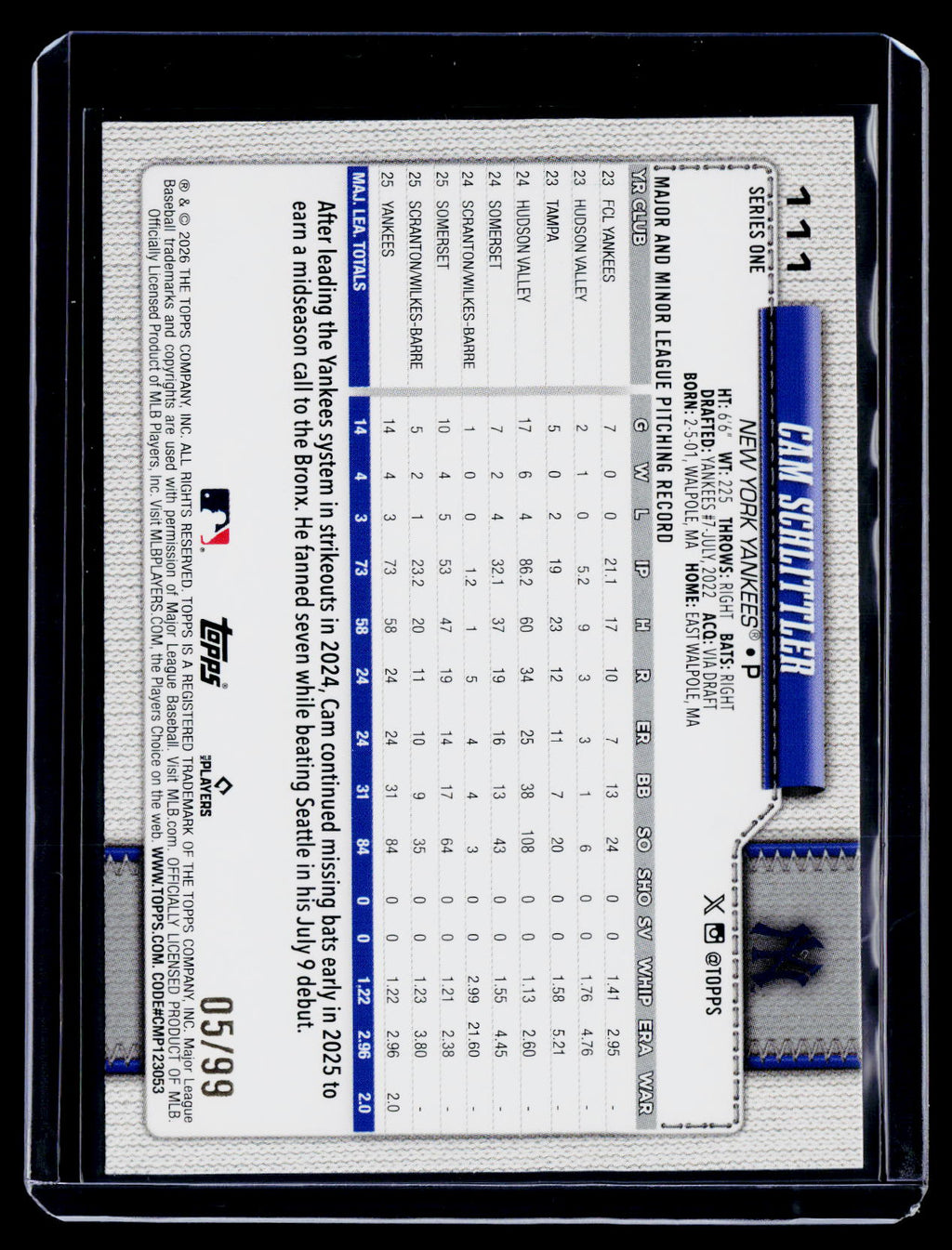 2025 Topps Series 1 Cam Schlittler Rookie Green Diamante 5/99 RC
