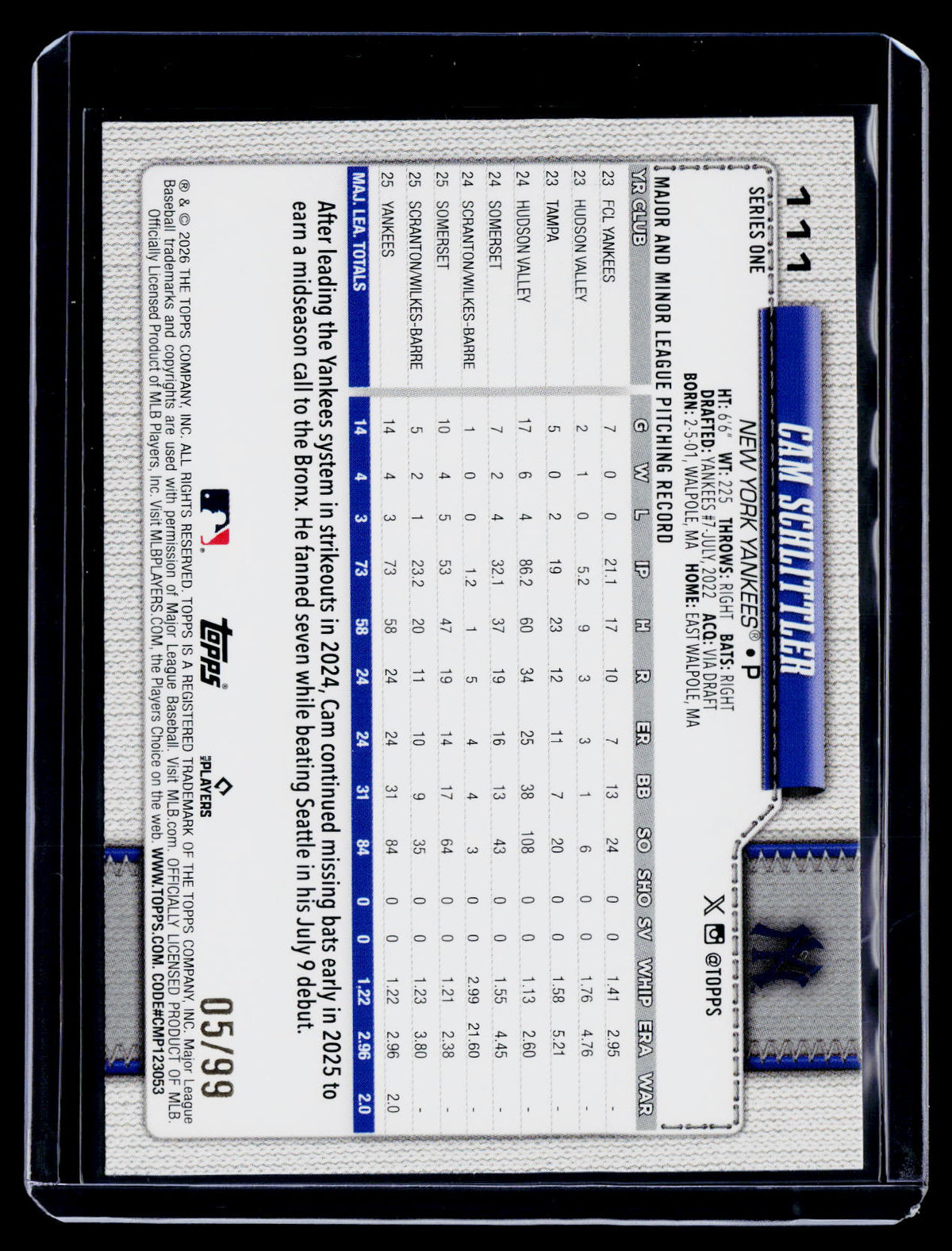 2025 Topps Series 1 Cam Schlittler Rookie Green Diamante 5/99 RC