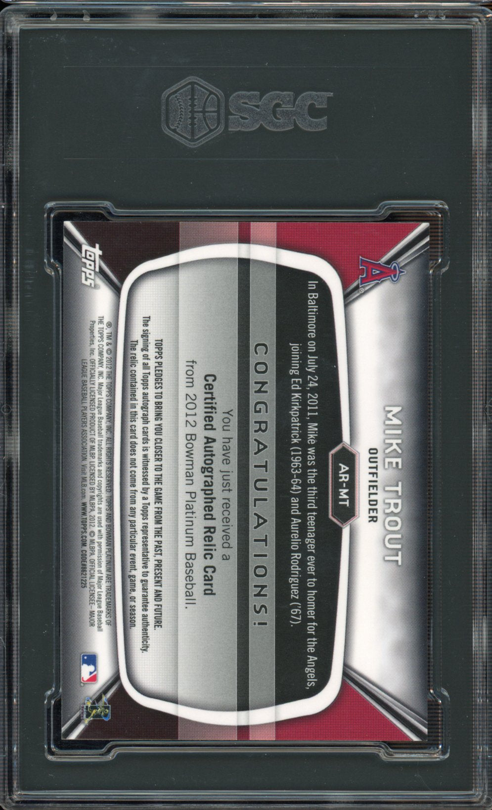 2012 Bowman Platinum Mike Trout Blue Refractor Patch Auto 29/199 SGC 9