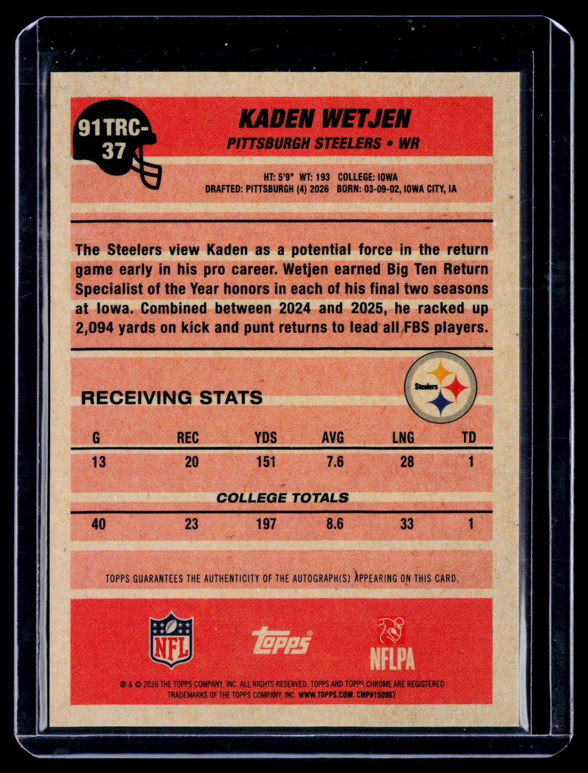 2026 Topps Flagship Kaden Wetjen Rookie Green Refractor Silver Pack Auto 97/99 RC