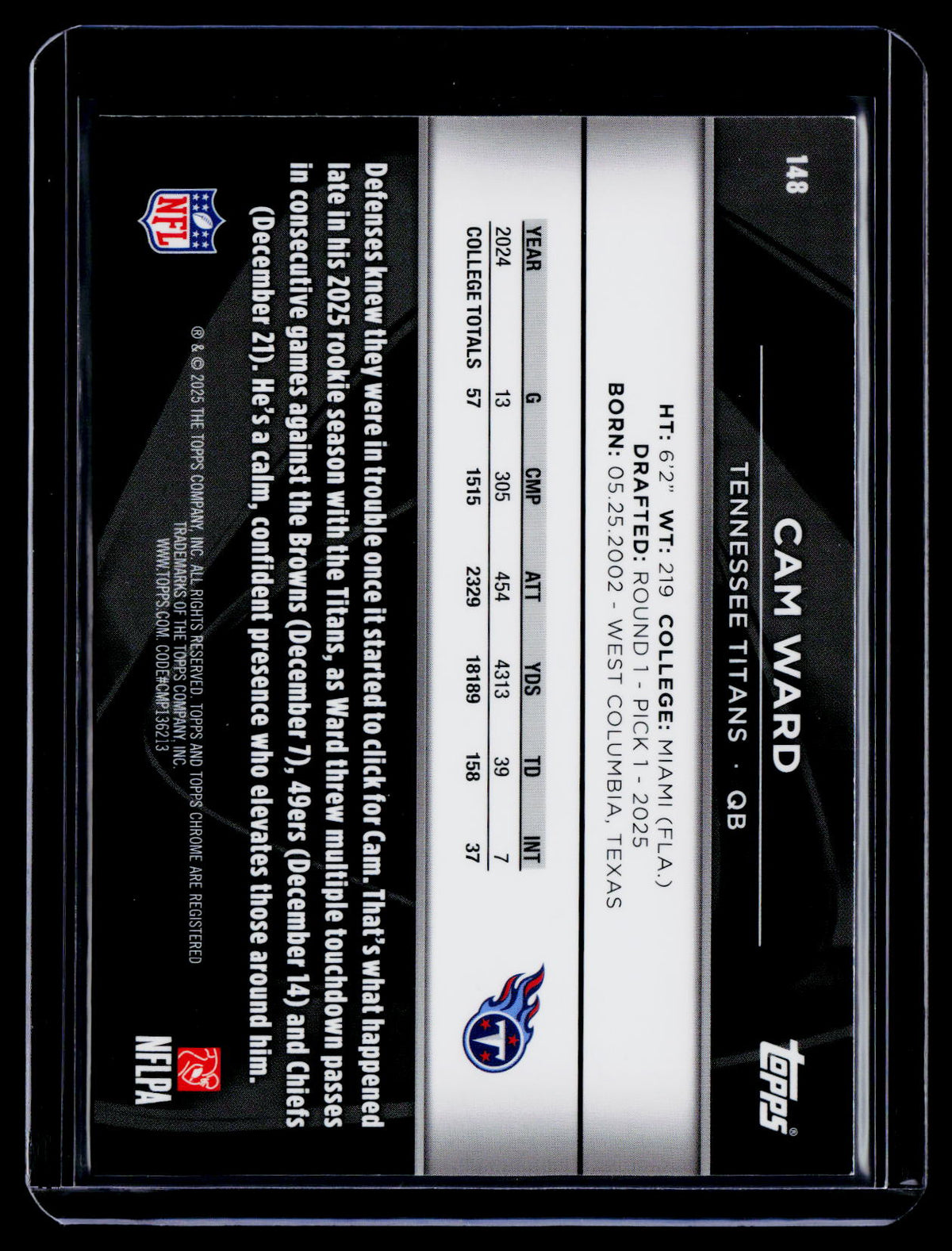 2025 Topps Chrome Black Cam Ward Rookie Gold Mini Diamond 41/50 RC