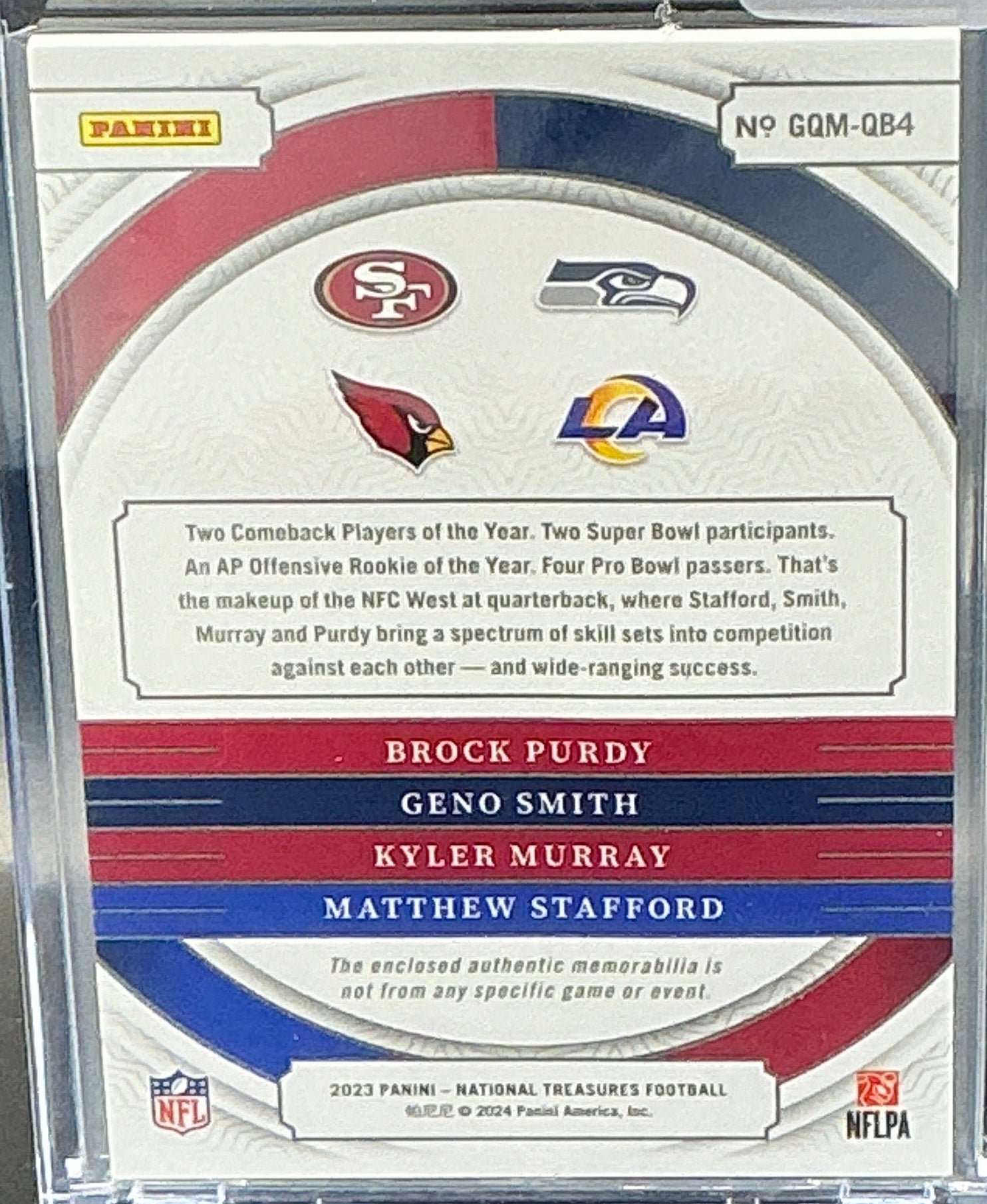 2023 National treasures Brock Purdy, Geno Smith, Kyler Murray, Mathew Stafford Quad Patch 15/25
