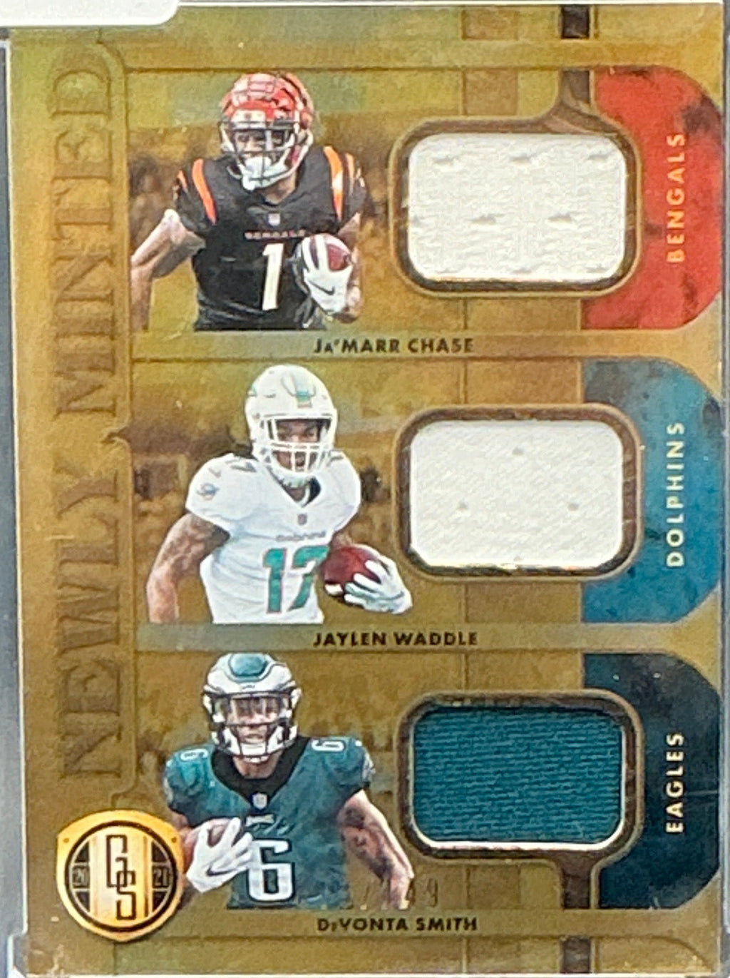 2021 Gold Standard Ja'Marr Chase, Jaylen Waddle, Devonta Smith Newly Minted Triple Patch 073/149