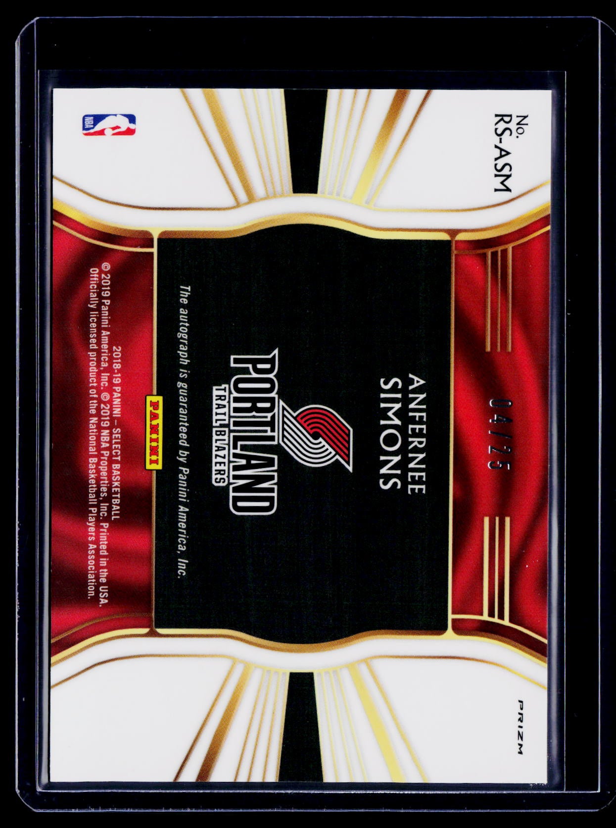 2018-19 Select Anfernee Simons Rookie Tie Dye Auto 4/25 RC