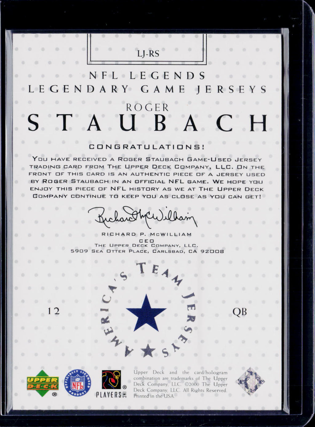 2001 Upper Deck Roger Staubach Legendary Game Jerseys Patch
