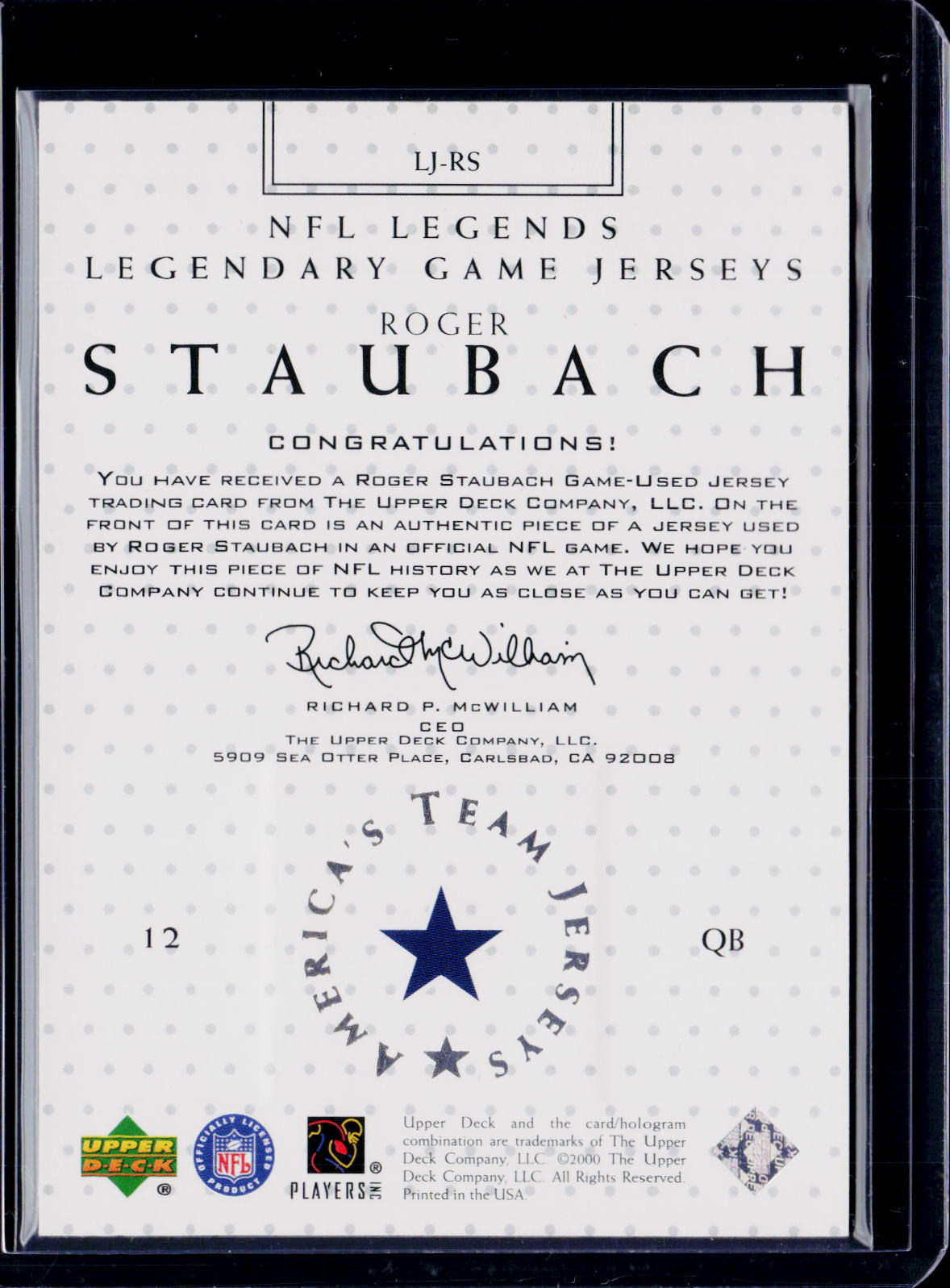 2001 Upper Deck Roger Staubach Legendary Game Jerseys Patch