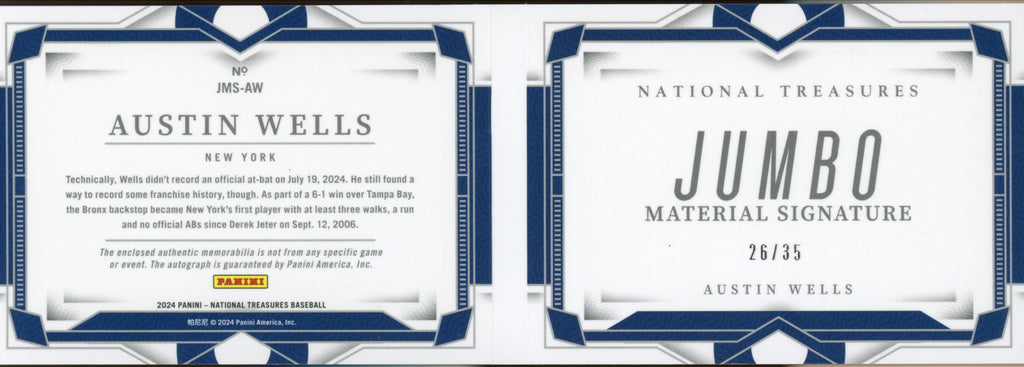 2024 National Treasures Austin Wells Jumbo Patch Auto Booklet 26/35