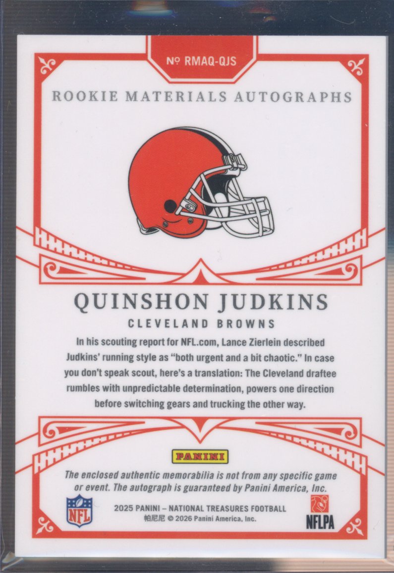 2025 National Treasures Quinshon Judkins Rookie Materials Autographs 07/10 RC