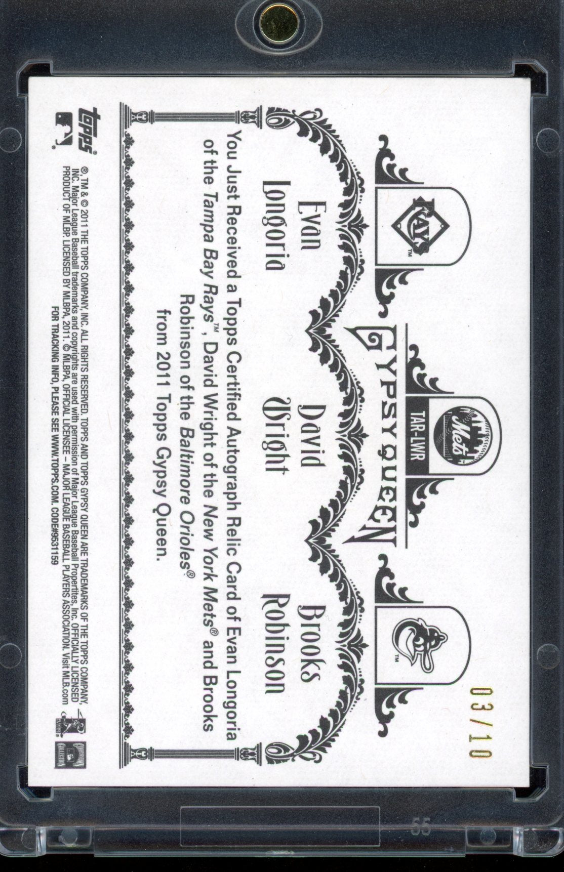 2011 Gypsy Queen Evan Longoria David Wright Brooks Robinson Triple Game Used Auto 03/10