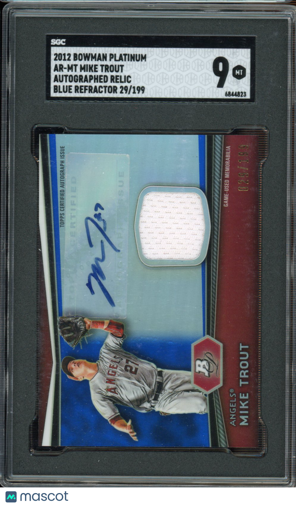 2012 Bowman Platinum Mike Trout Blue Refractor Patch Auto 29/199 SGC 9
