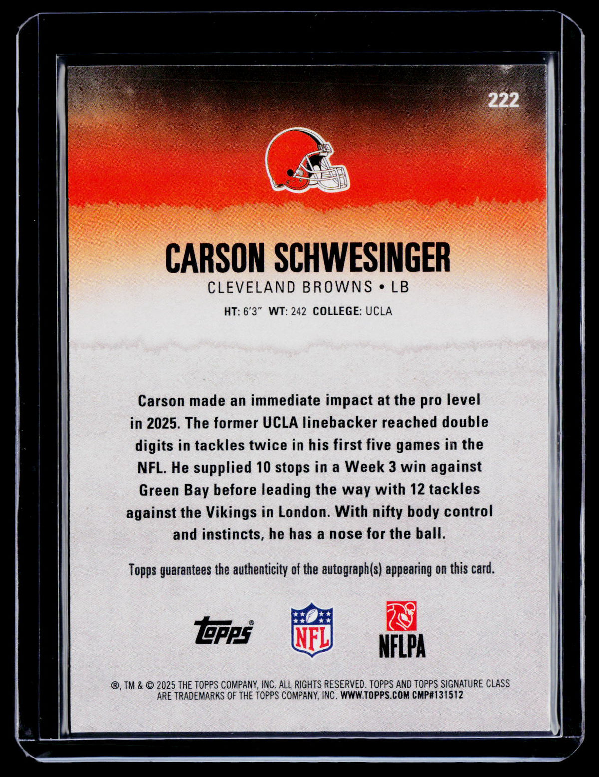 2025 Topps Signature Class Carson Schwesinger Rookie Purple Auto 27/100 RC