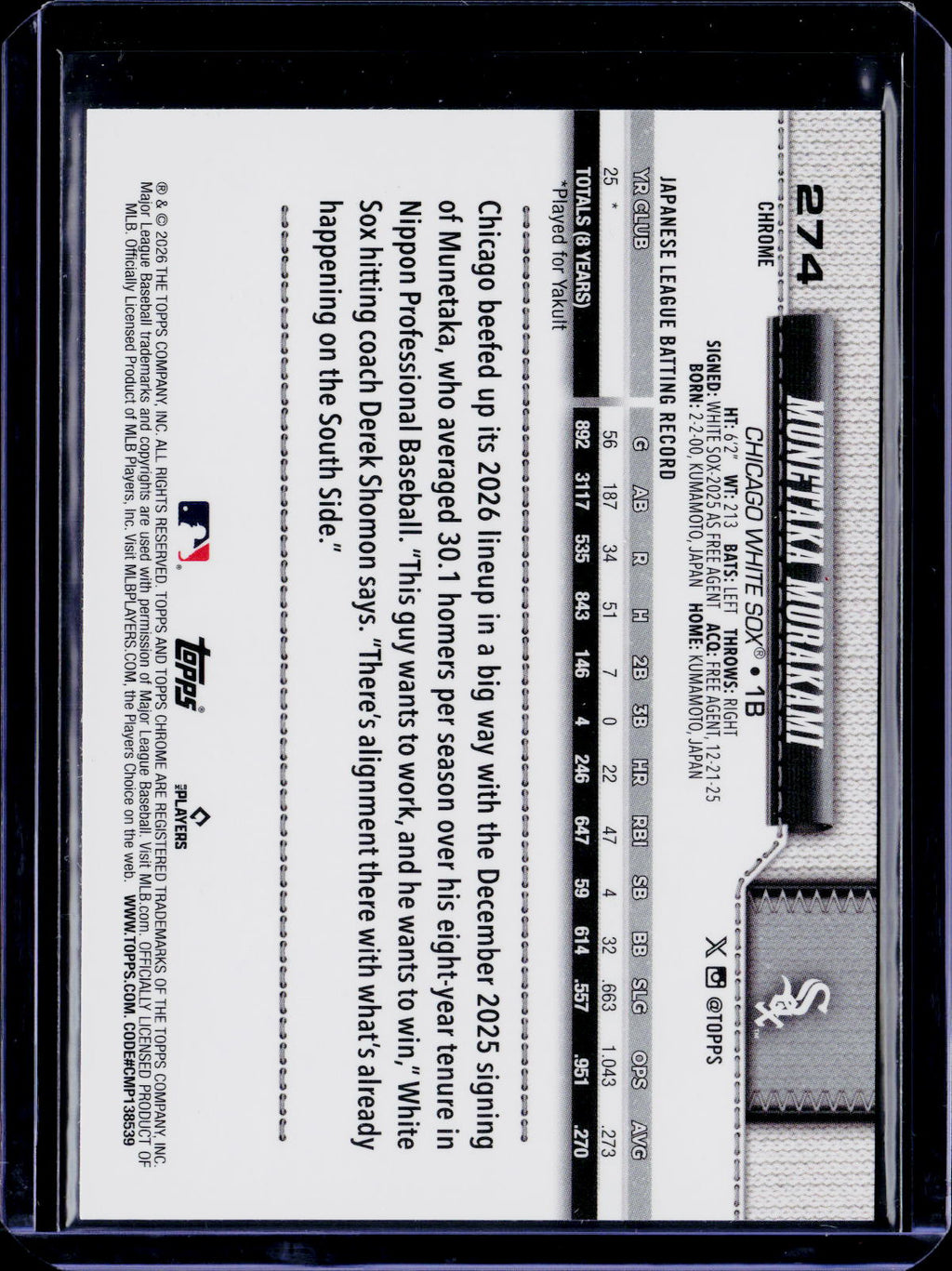 2026 Topps Chrome Baseball Munetaka Murakami X-Fractor