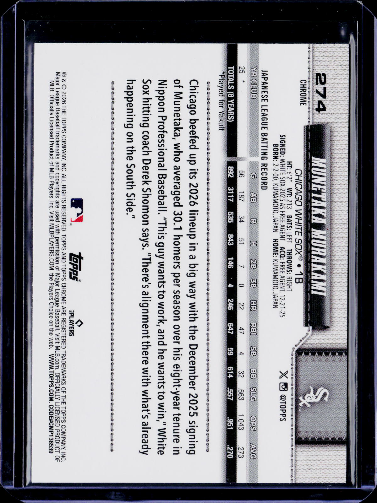 2026 Topps Chrome Baseball Munetaka Murakami X-Fractor