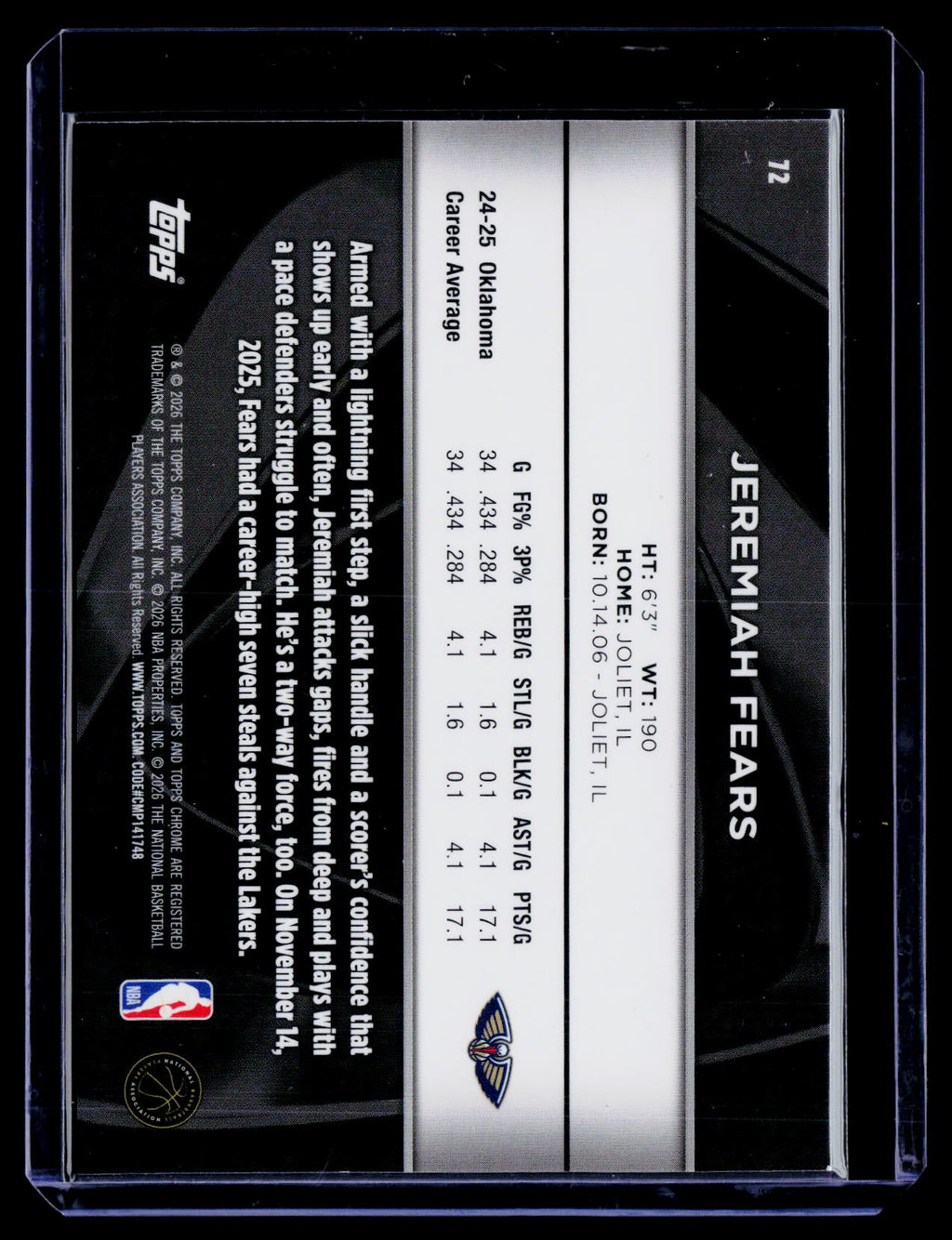 2025 Topps Chrome Black Jeremiah Fears Rookie Purple Mini Diamond 63/75 RC