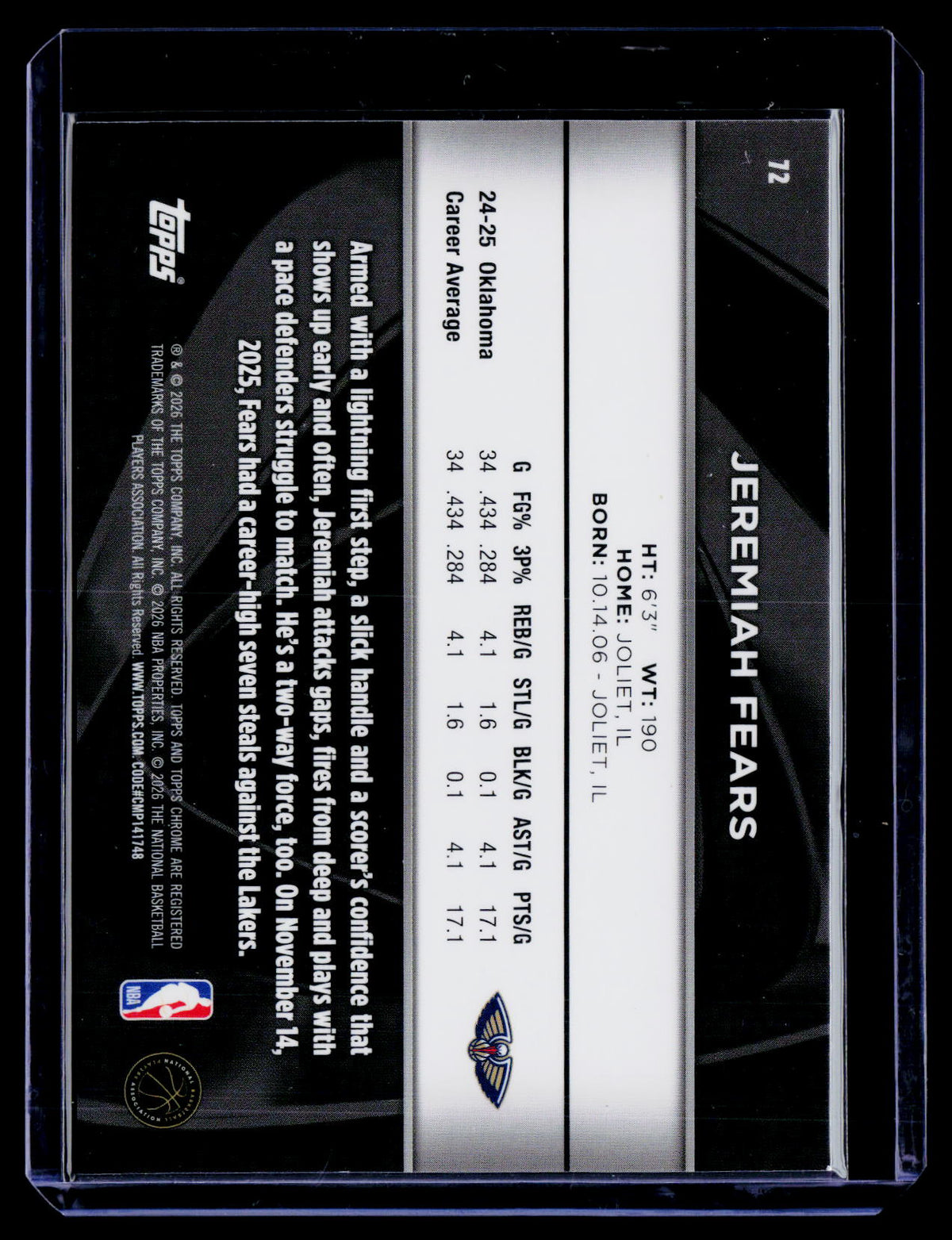 2025 Topps Chrome Black Jeremiah Fears Rookie Purple Mini Diamond 63/75 RC