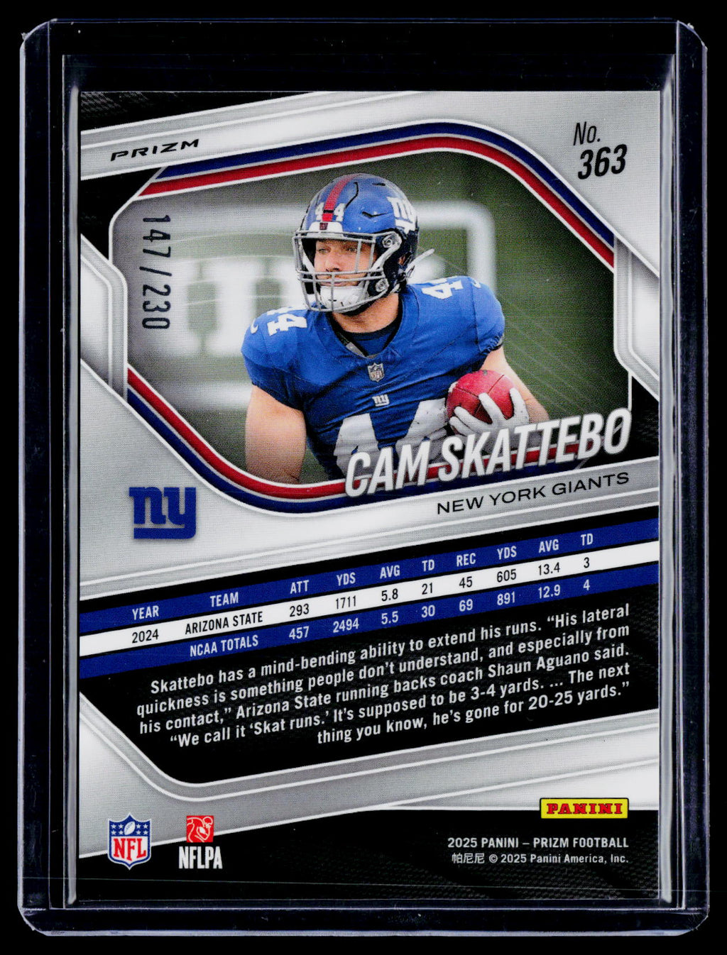 2025 Prizm Cam Skattebo Rookie Blue Wave 147/230 RC