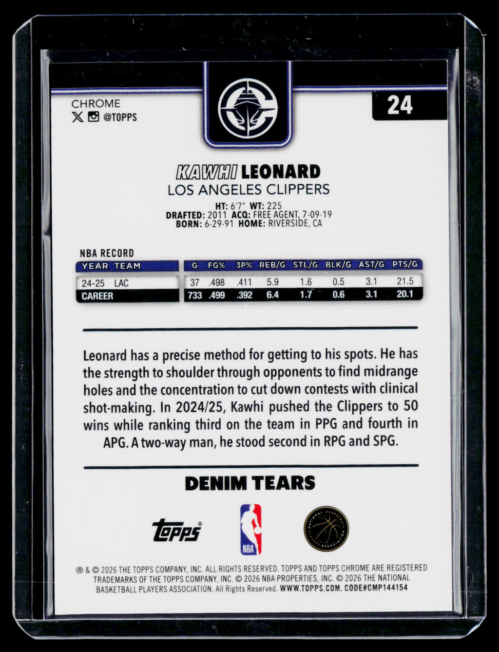 2025 Topps Chrome Update Kawhi Leonard Denim Tears