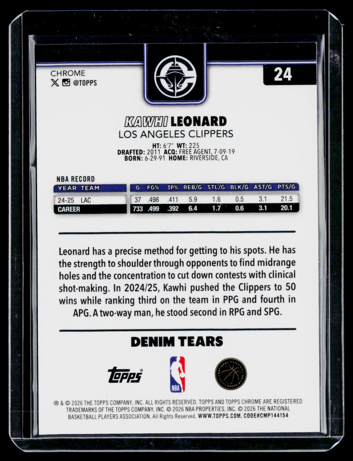 2025 Topps Chrome Update Kawhi Leonard Denim Tears