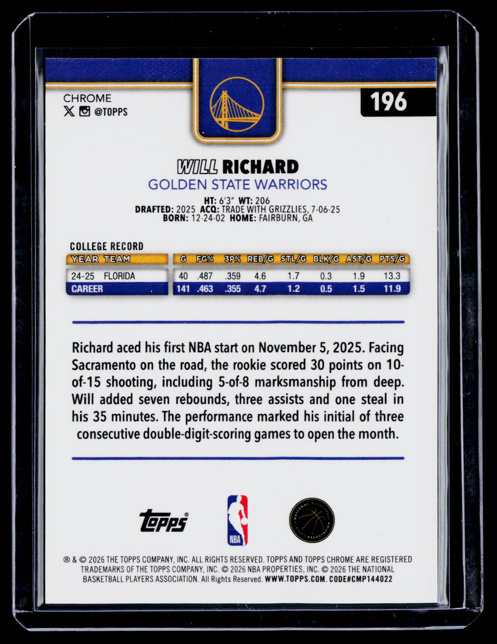 2025 Topps Chrome Update Will Richard Rookie Gold Geometric 14/50 RC