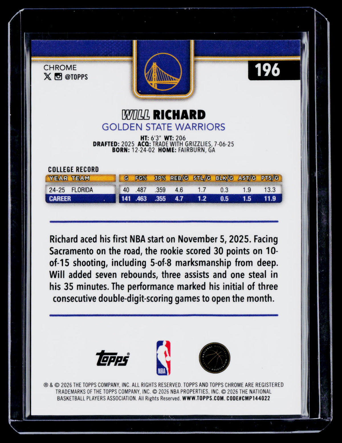 2025 Topps Chrome Update Will Richard Rookie Gold Geometric 14/50 RC