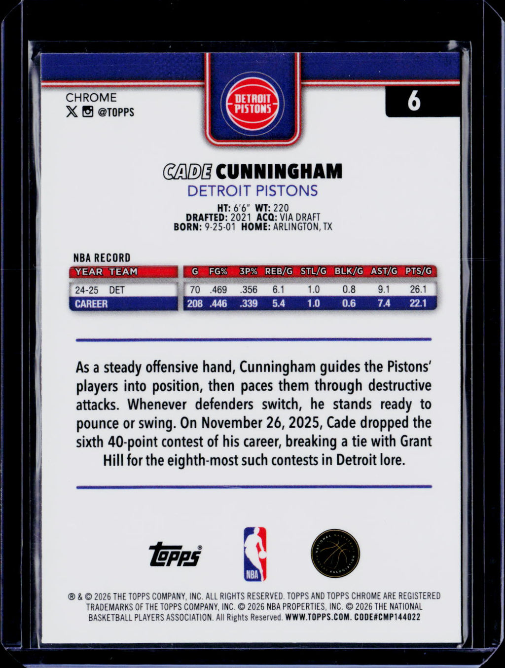 2025-26 Topps Chrome Update Cade Cunningham Image Variation Speckle