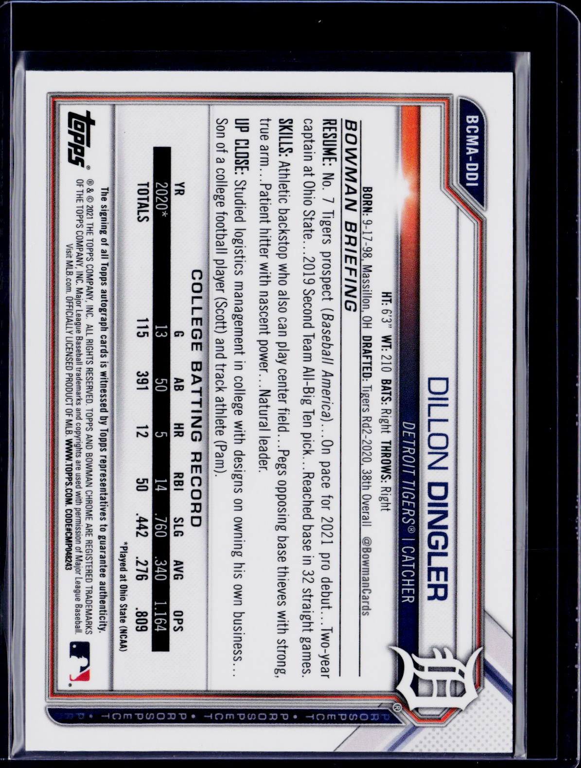 2021 Bowman Chrome Dillon Dingler Mojo Prospect Auto