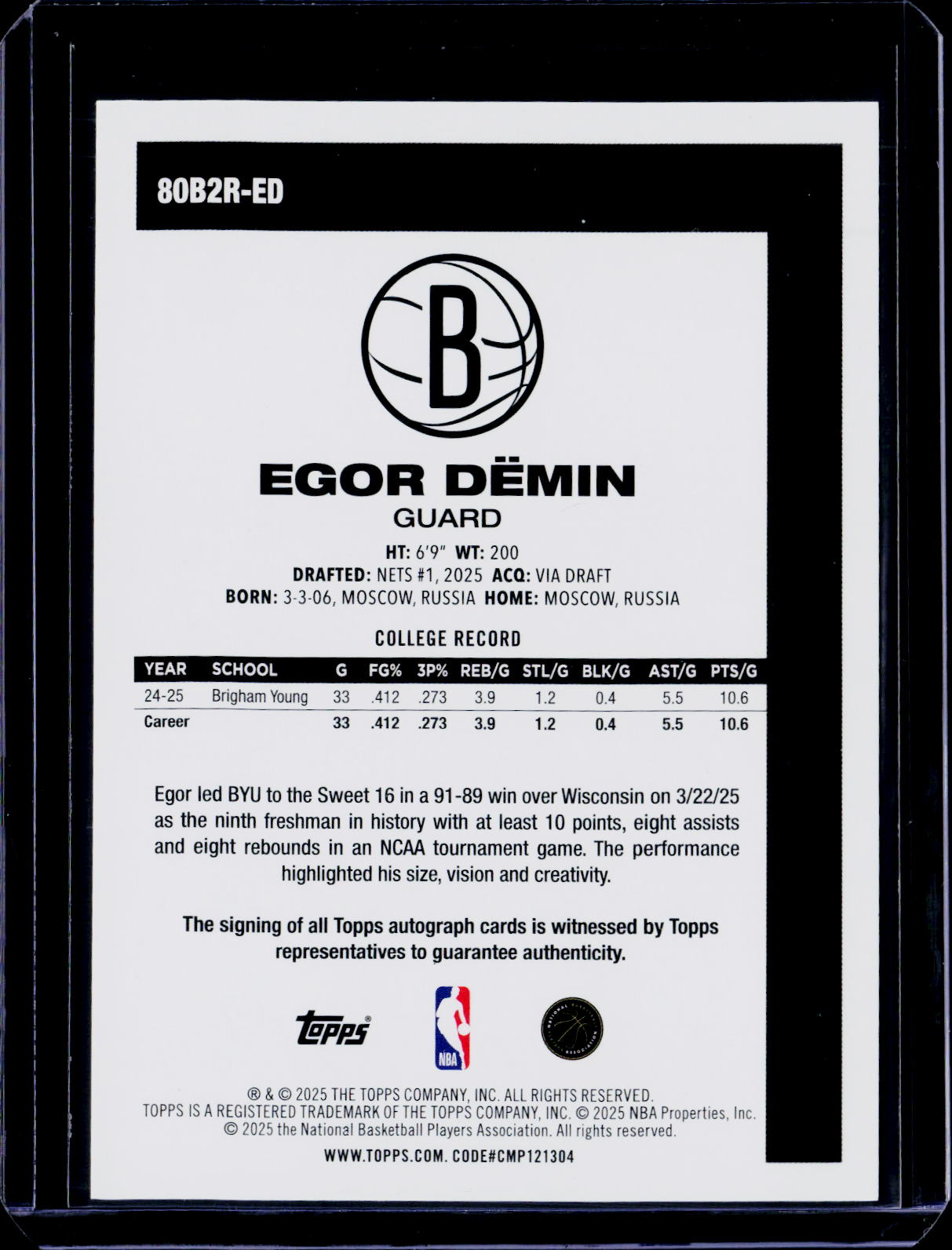 2025 Topps Egor Demin 1980-81 Variation Rookie Auto RC