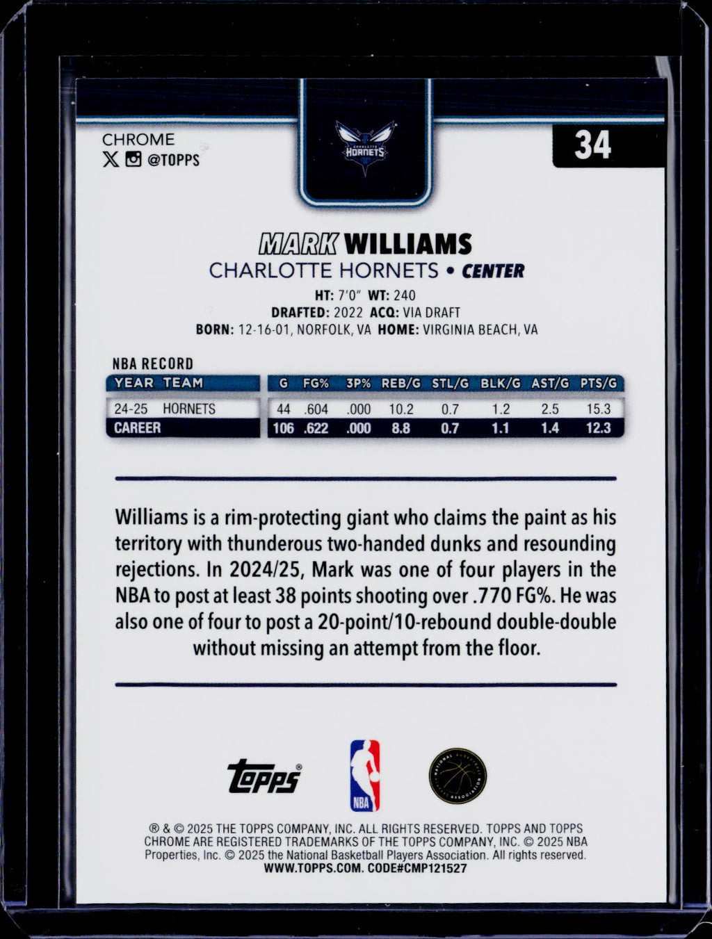 2025-26 Topps Chrome Mark Williams Red Refractor 3/5