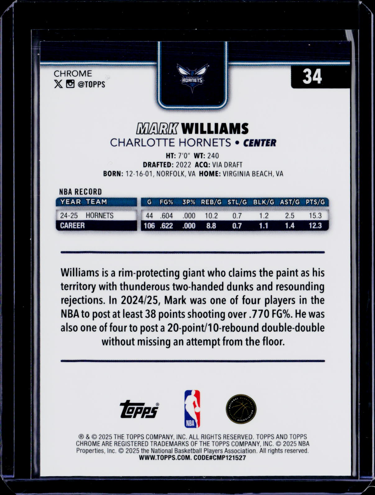 2025-26 Topps Chrome Mark Williams Red Refractor 3/5
