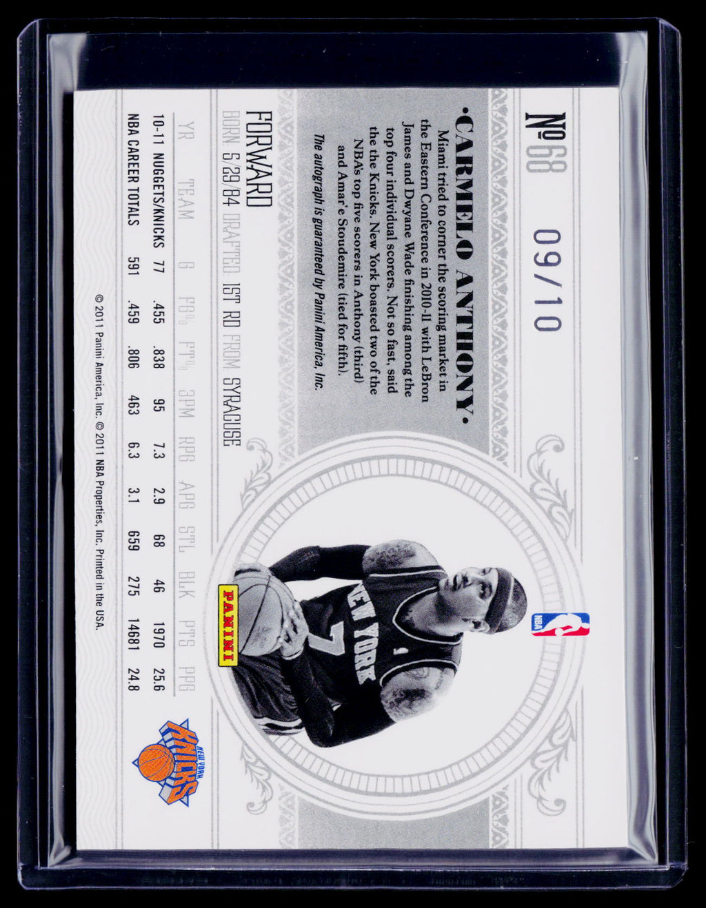2011 National Treasures Carmelo Anthony Auto 9/10