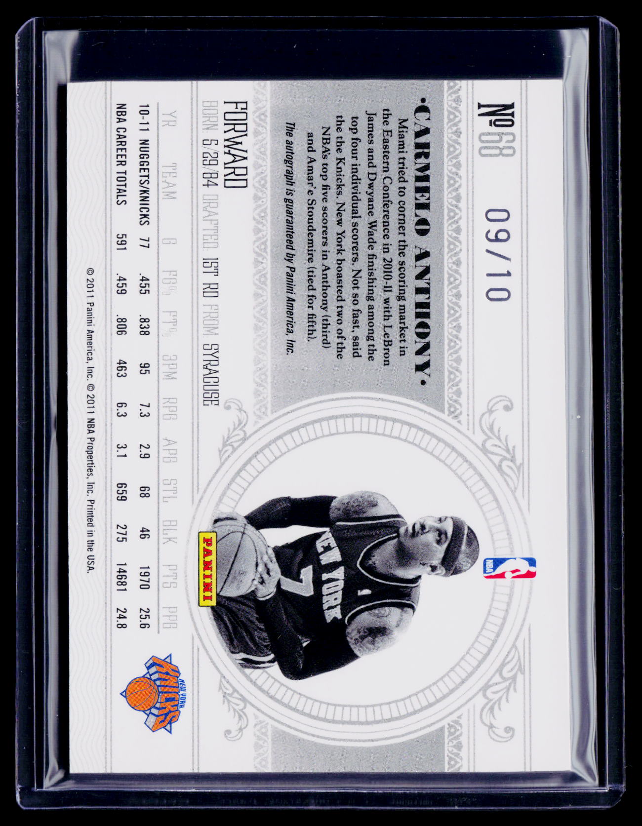 2011 National Treasures Carmelo Anthony Auto 9/10