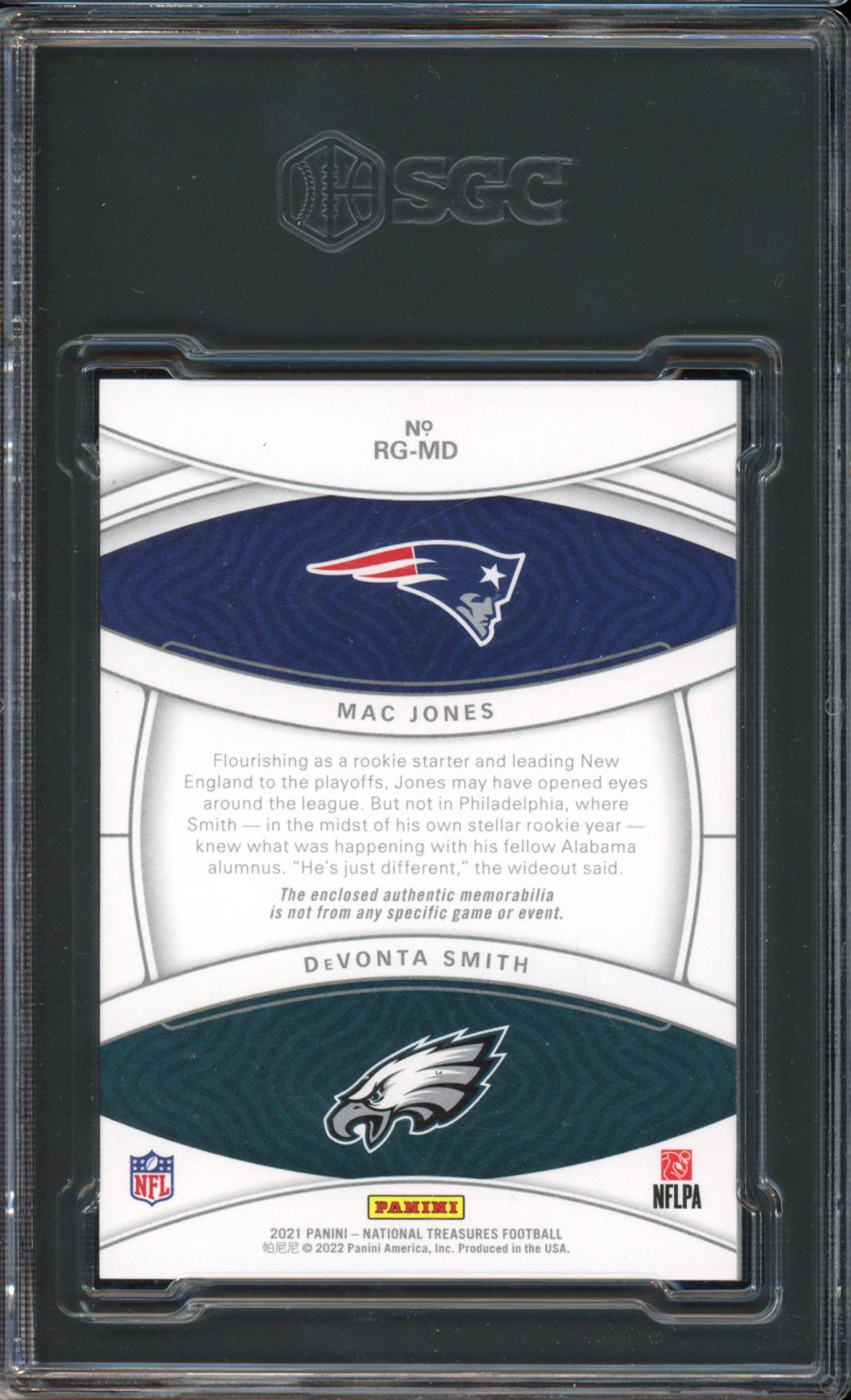 2021 National Treasures Mac Jones / DeVonta Smith Rooke NFL Gear Dual Patch 1/1 SGC 9