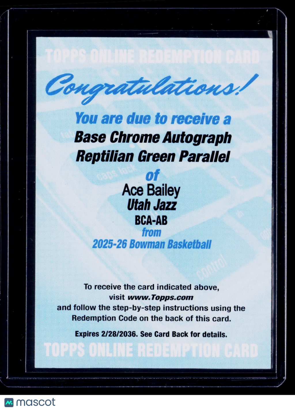 2025-26 Bowman Ace Bailey Rookie Green Reptilian Redemption Auto RC