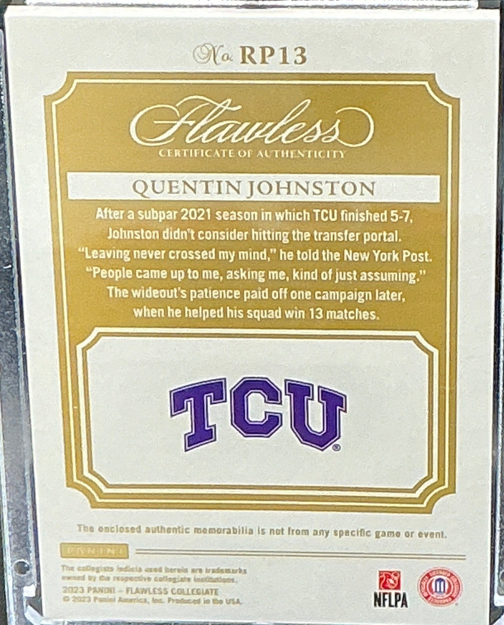 2023 Flawless Collegiate Quentin Johnston RC Patch 12/25