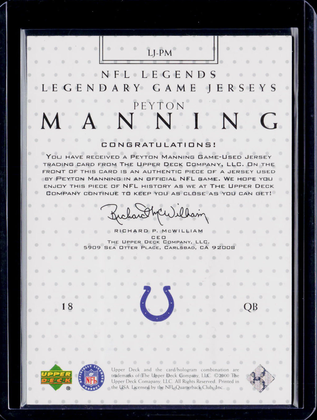 2001 Upper Deck Peyton Manning Legendary Game Jerseys Patch
