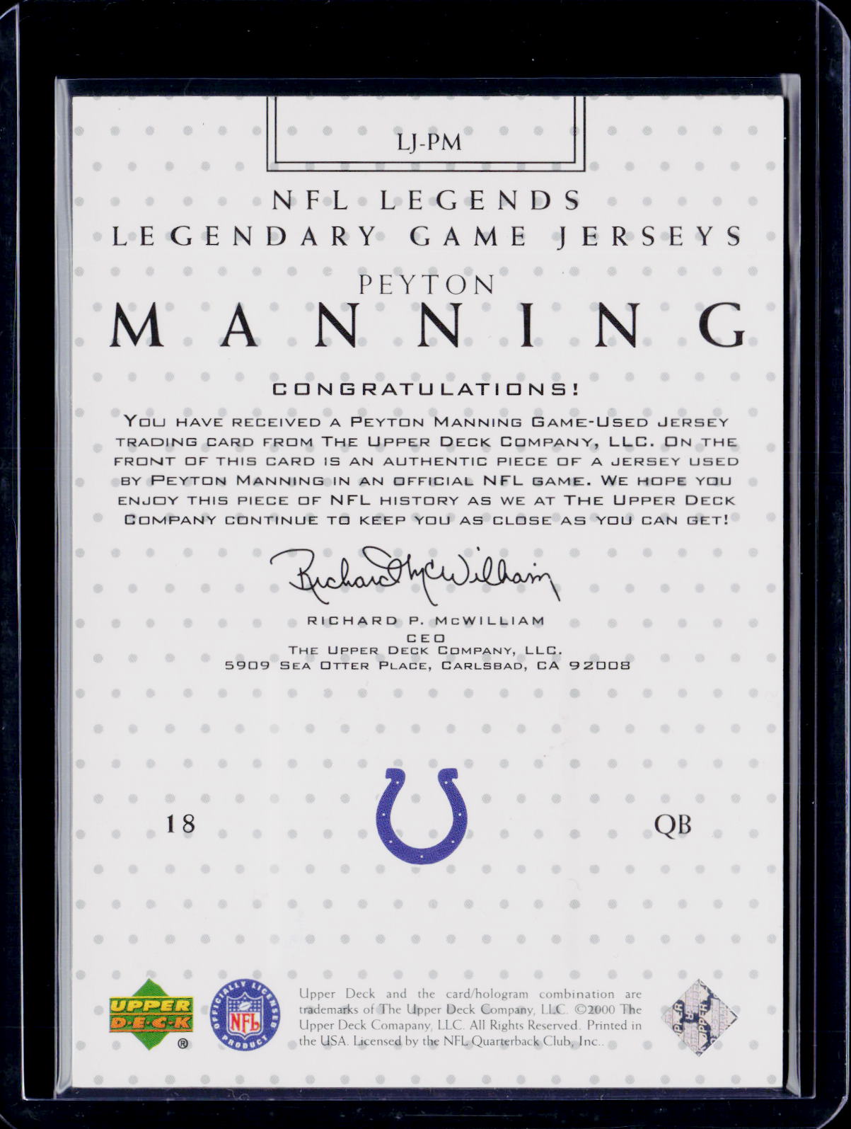 2001 Upper Deck Peyton Manning Legendary Game Jerseys Patch