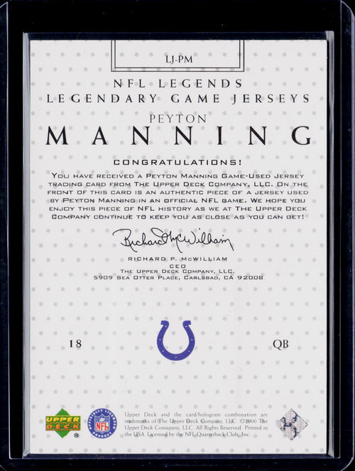 2001 Upper Deck Peyton Manning Legendary Game Jerseys Patch