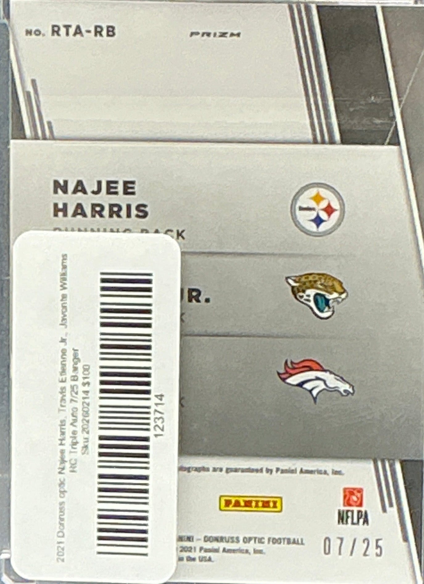 2021 Donruss optic Najee Harris, Travis Etienne Jr., Javonte Williams RC Triple Auto 7/25 Banger