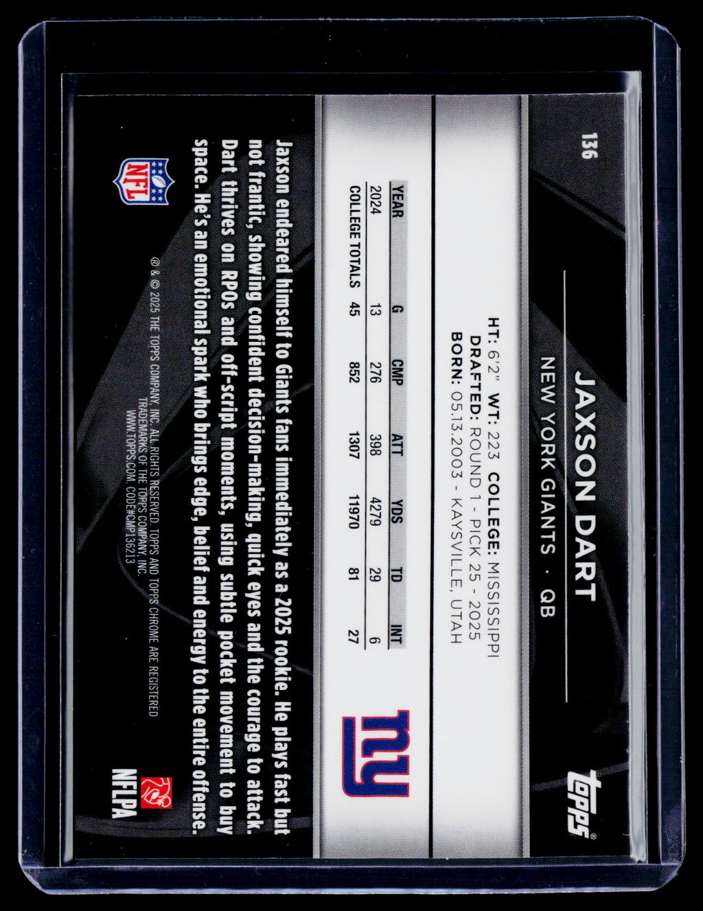 2025 Topps Chrome Black Jaxson Dart Rookie Green Wave 60/99 RC