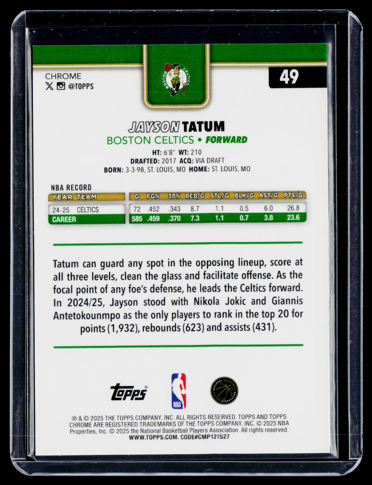 2025 Topps Chrome Jayson Tatum True Gold Refractor 33/50