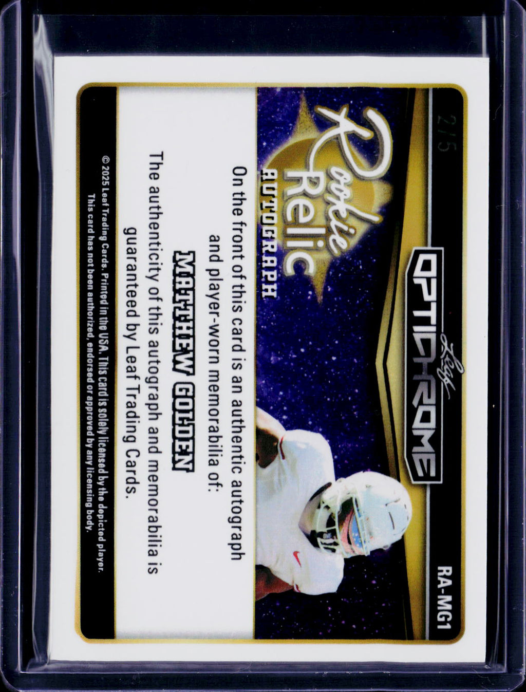 2025 Leaf Optichrome Matthew Golden Rookie Relic Autograph /5
