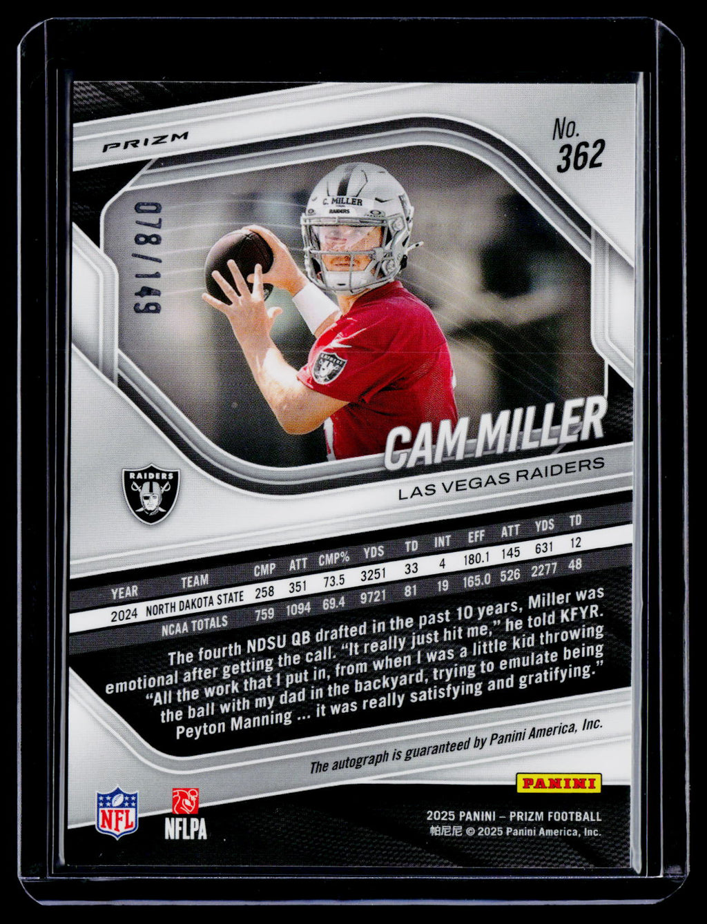 2025 Prizm Cam Miller Rookie Red Wave Auto 78/149 RC