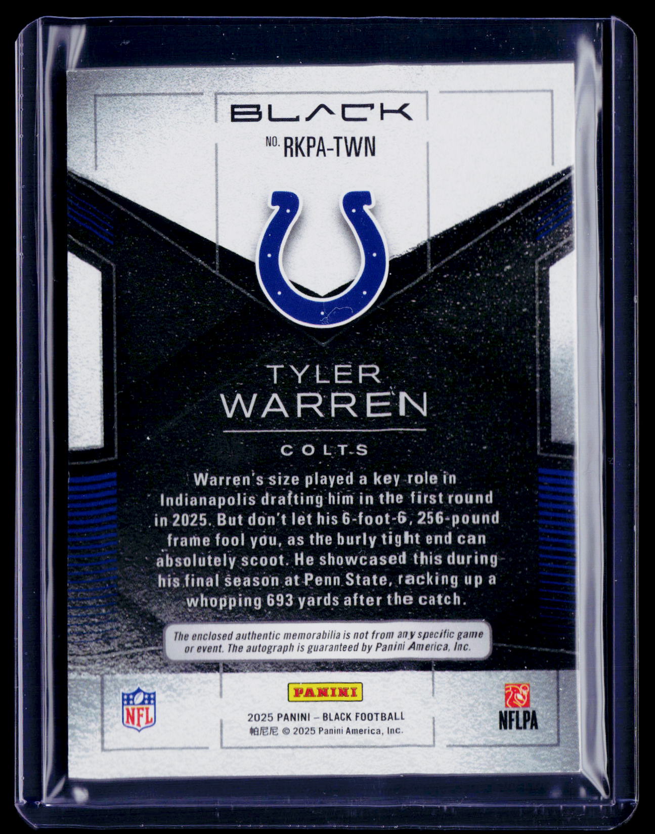 2025 Panini Black Tyler Warren Rookie Patch Auto RPA 159/249 RC