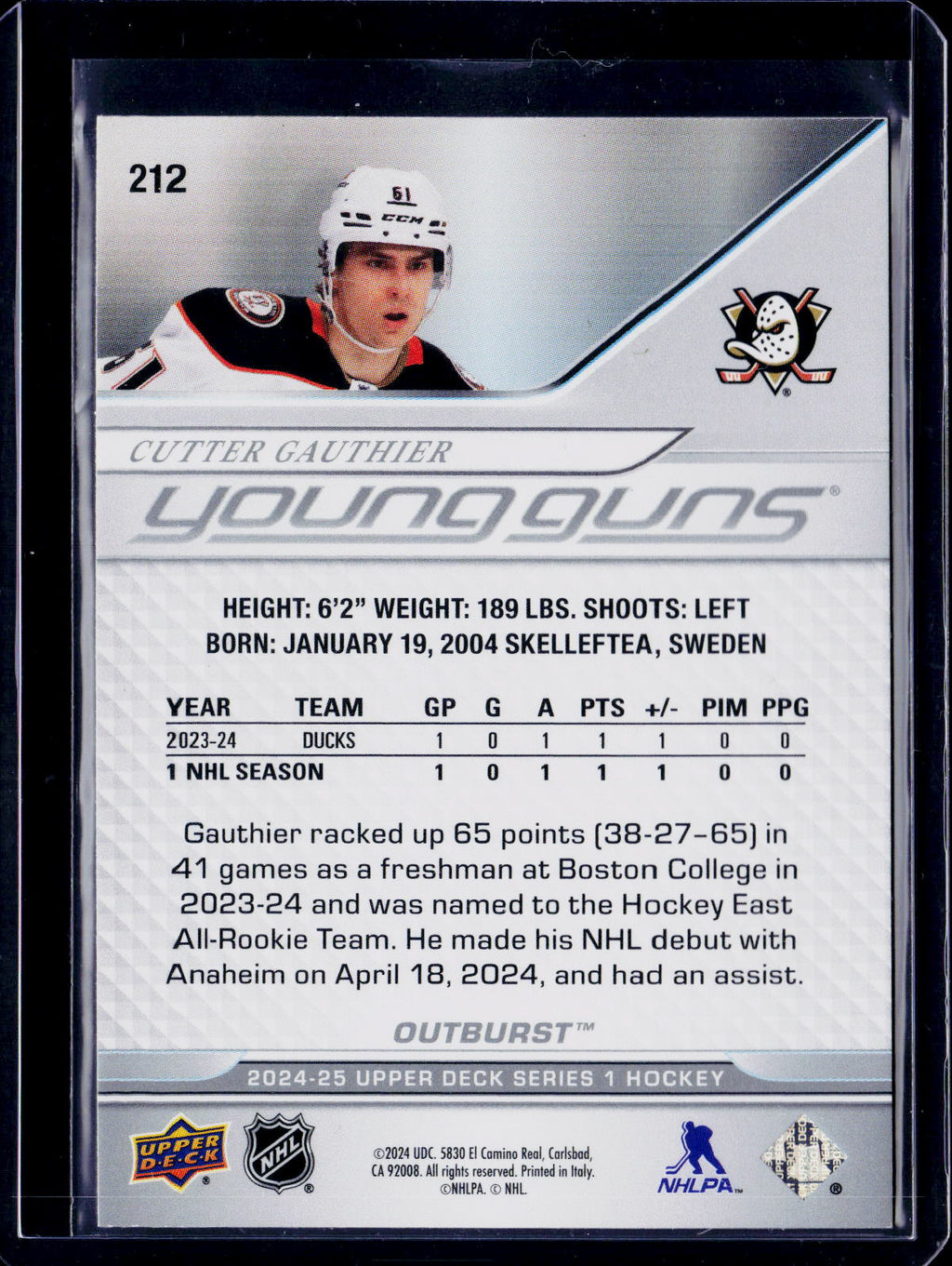 2024-25 Upper Deck Series 1 Cutter Gauthier Young Guns Outburst RC