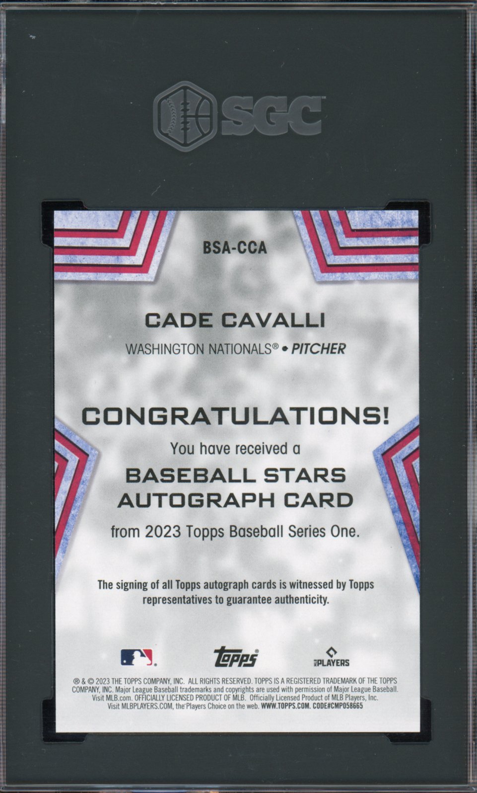 2023 Topps Cade Cavalli Rookie Auto SGC 10 Auto 10