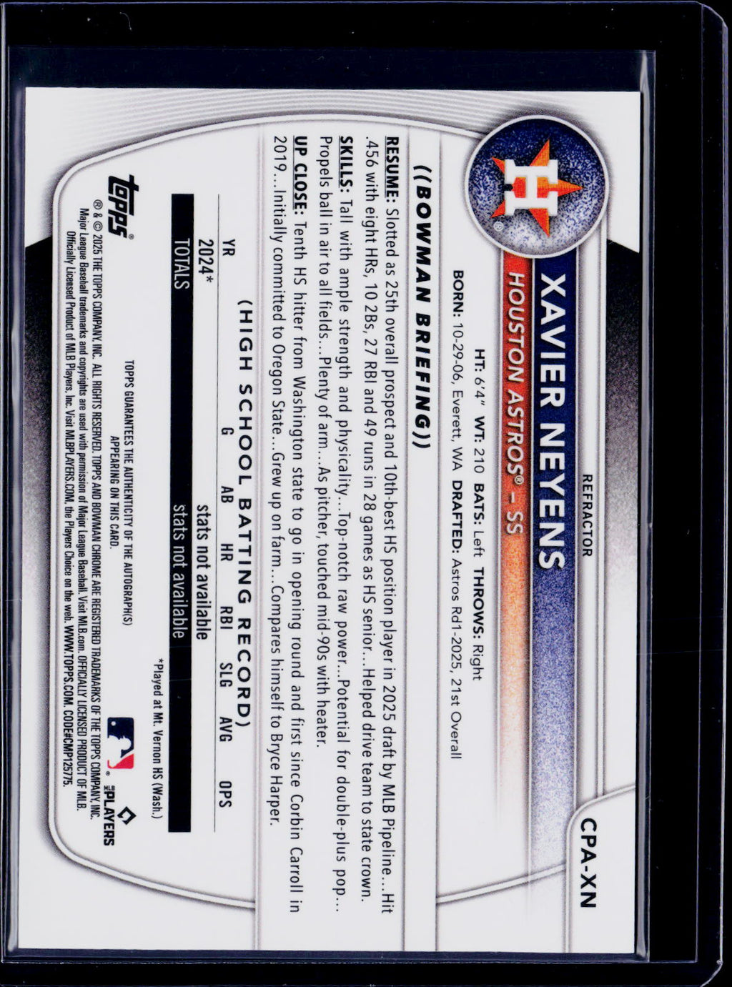 2025 Bowman Chrome Draft Xavier Neyens 1st Bowman Auto Refractor 383/499