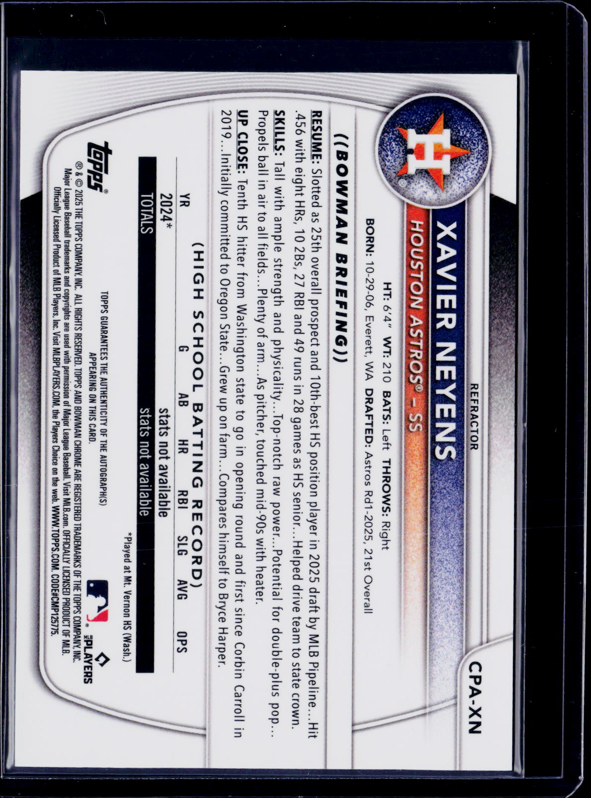 2025 Bowman Chrome Draft Xavier Neyens 1st Bowman Auto Refractor 383/499
