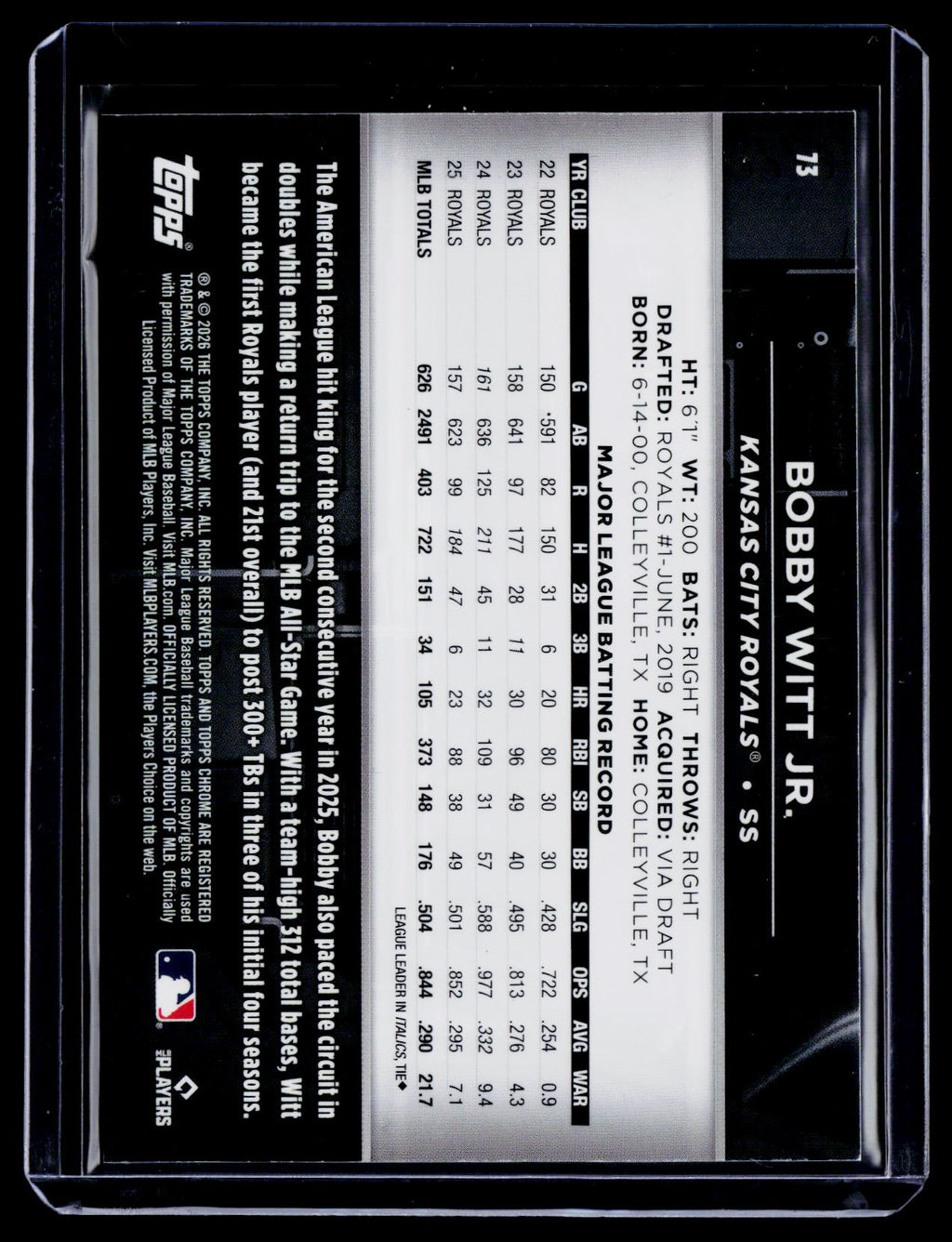 2026 Topps Chrome Black Bobby Witt Jr. Rose Gold 9/10