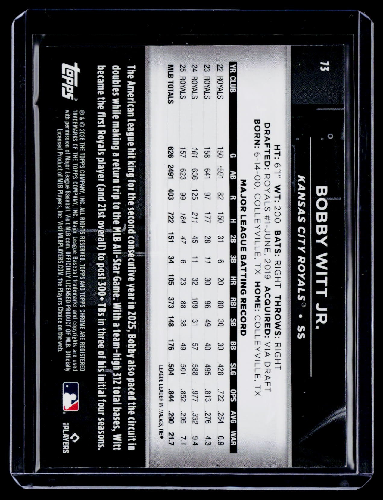 2026 Topps Chrome Black Bobby Witt Jr. Rose Gold 9/10