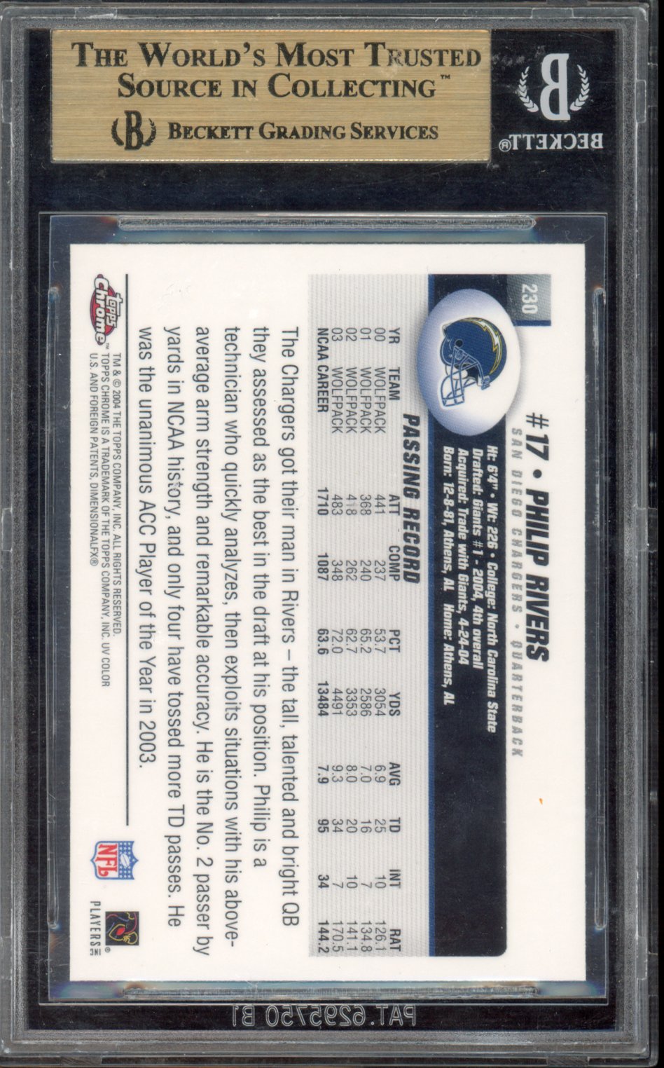 2004 Topps Chrome Philip Rivers #230 BGS 9.5